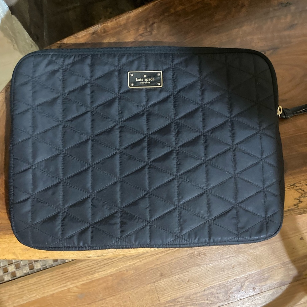 kate spade Black Quilted Laptop Sleeve with Gold Plaque
